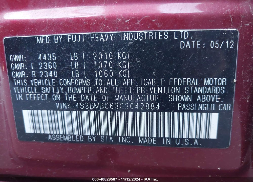 2012 SUBARU LEGACY 2.5I PREMIUM VIN: 4S3BMBC63C3042884