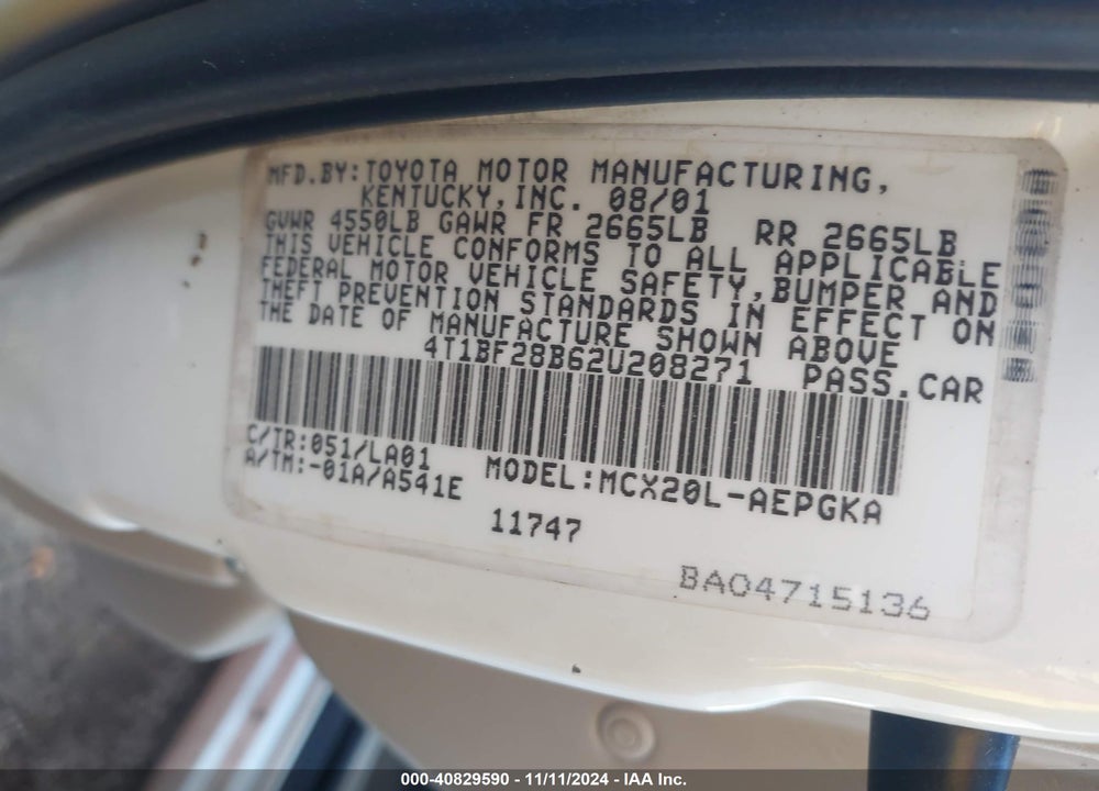 2002 TOYOTA AVALON XLS VIN: 4T1BF28B62U208271