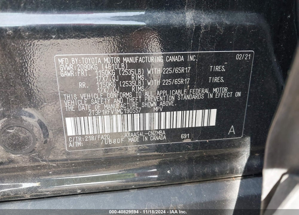 2021 TOYOTA RAV4 XLE VIN: 2T3P1RFV1MC190557