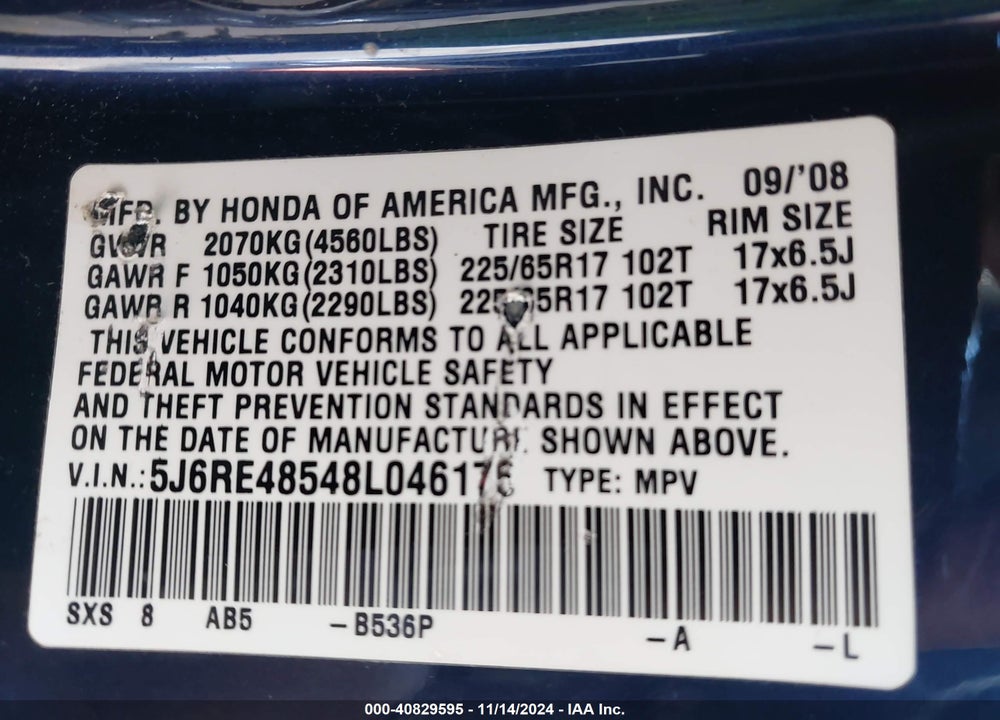 2008 HONDA CR-V EX VIN: 5J6RE48548L046175