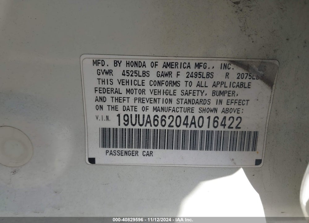 2004 ACURA TL VIN: 19UUA66204A016422