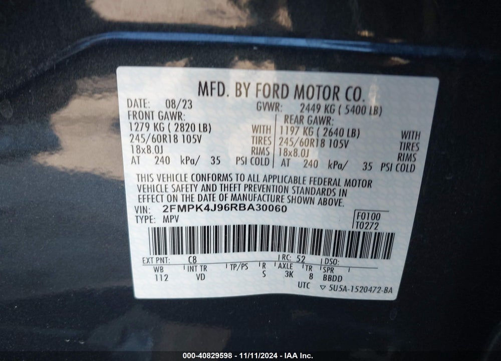 2024 FORD EDGE SEL VIN: 2FMPK4J96RBA30060