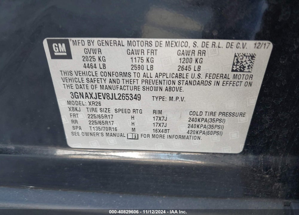 2018 CHEVROLET EQUINOX LT VIN: 3GNAXJEV8JL265349