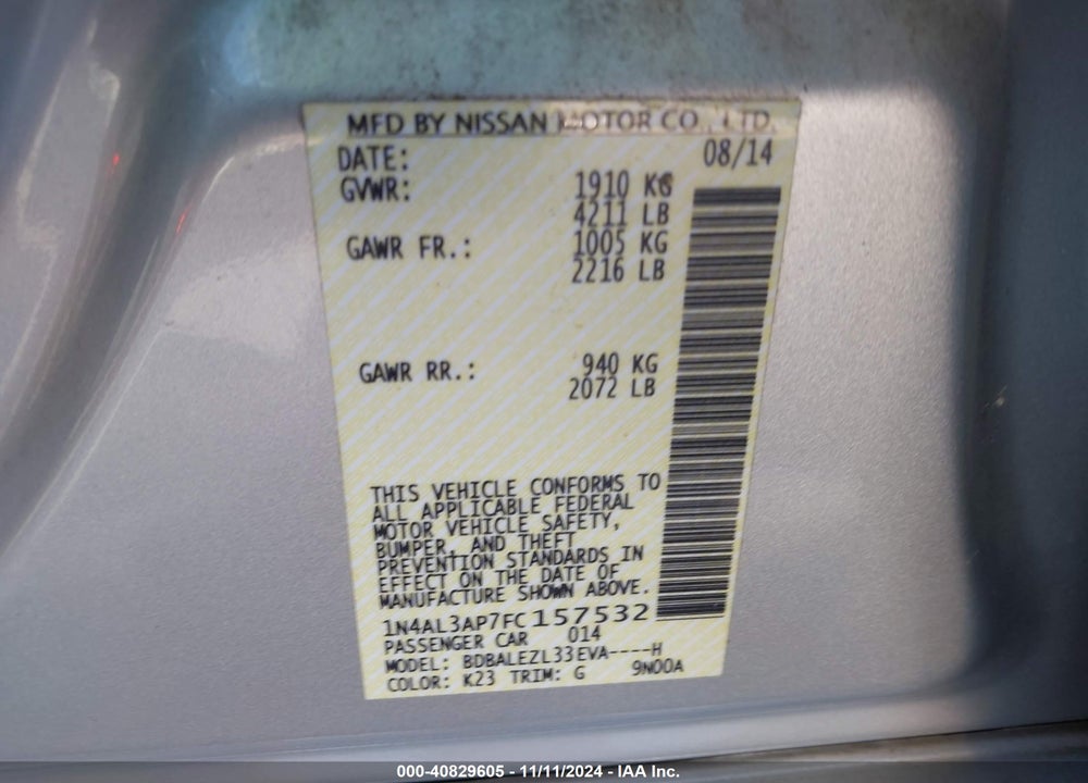 2015 NISSAN ALTIMA 2.5 S VIN: 1N4AL3AP7FC157532