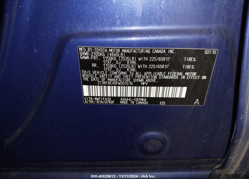 2015 TOYOTA RAV4 XLE VIN: 2T3RFREV0FW301516