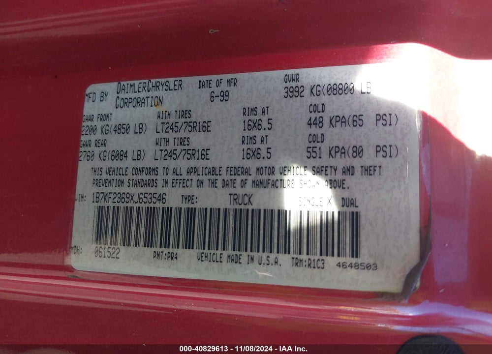 1999 DODGE RAM 2500 ST VIN: 1B7KF2369XJ653546