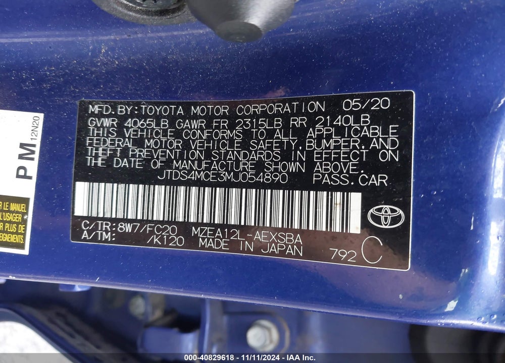 2021 TOYOTA COROLLA SE VIN: JTDS4MCE3MJ054890