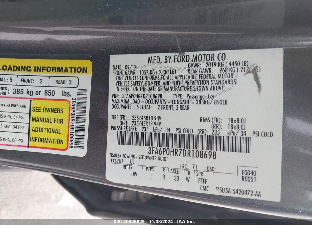 2013 FORD FUSION SE VIN: 3FA6P0HR7DR108698