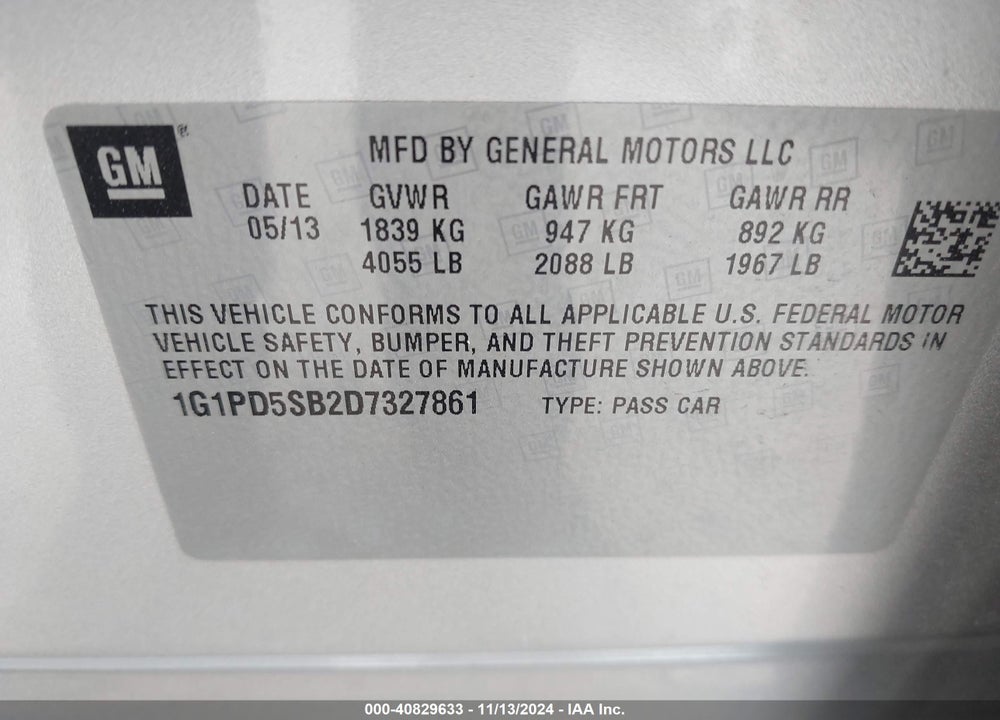 2013 CHEVROLET CRUZE 1LT MANUAL VIN: 1G1PD5SB2D7327861