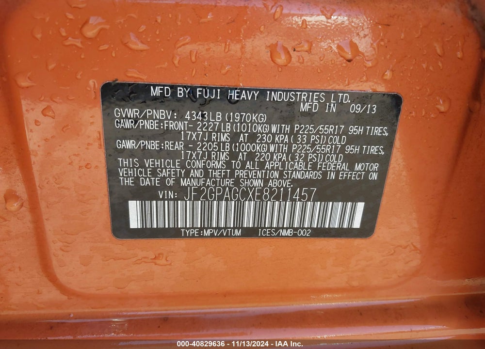2014 SUBARU XV CROSSTREK 2.0I LIMITED VIN: JF2GPAGCXE8211457