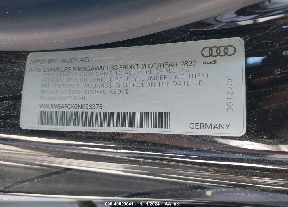 2016 AUDI A7 3.0T PREMIUM PLUS VIN: WAUWGAFCXGN053375