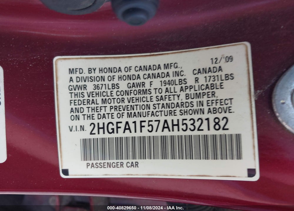 2010 HONDA CIVIC LX VIN: 2HGFA1F57AH532182