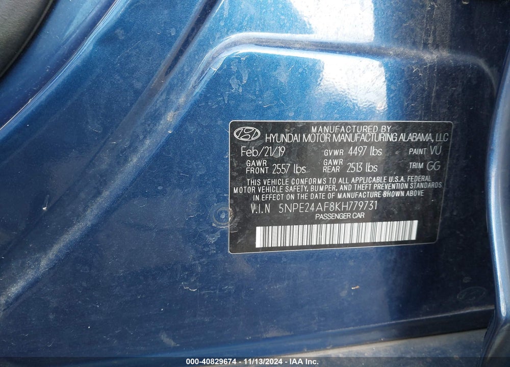 2019 HYUNDAI SONATA SE VIN: 5NPE24AF8KH779731