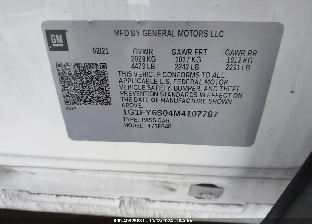 2021 CHEVROLET BOLT EV FWD LT VIN: 1G1FY6S04M4107787