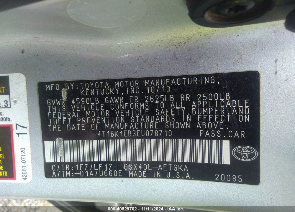 2014 TOYOTA AVALON XLE PREMIUM VIN: 4T1BK1EB3EU078710
