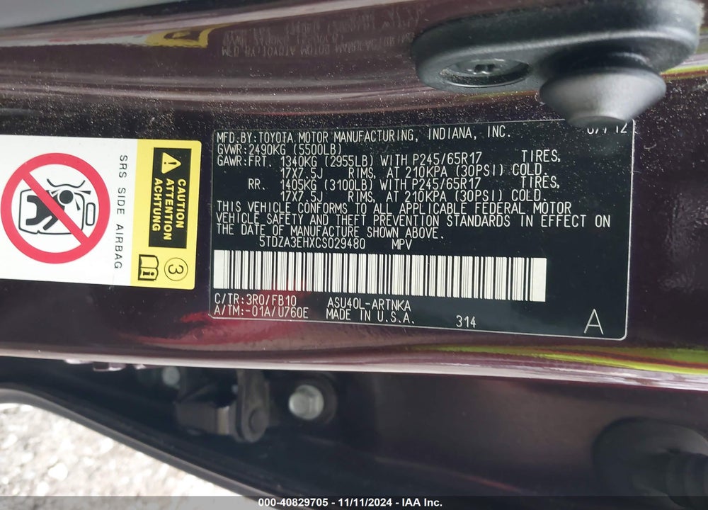 2012 TOYOTA HIGHLANDER VIN: 5TDZA3EHXCS029480