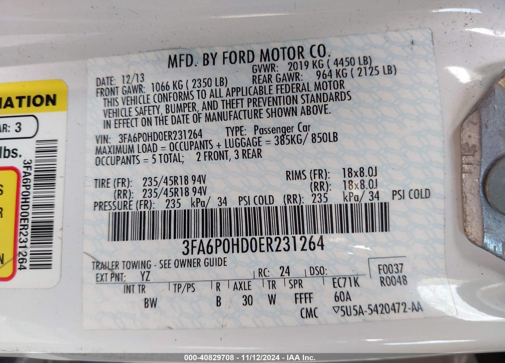 2014 FORD FUSION SE VIN: 3FA6P0HD0ER231264