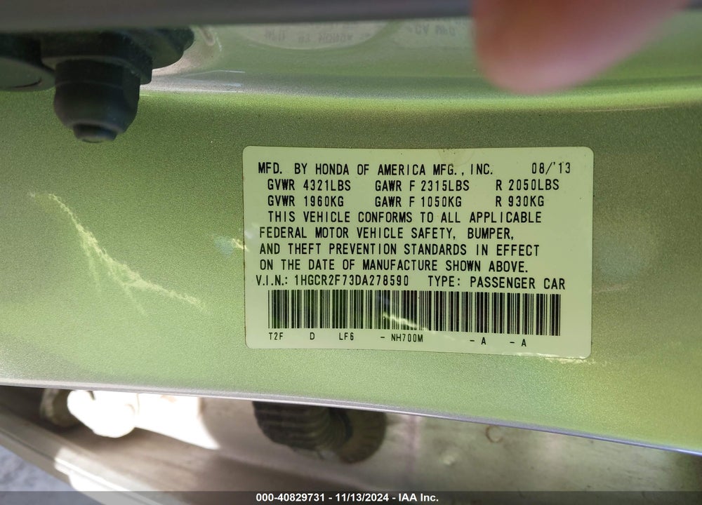 2013 HONDA ACCORD EX VIN: 1HGCR2F73DA278590