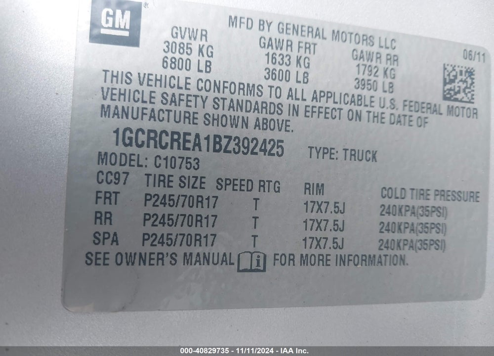 2011 CHEVROLET SILVERADO 1500 LS VIN: 1GCRCREA1BZ392425