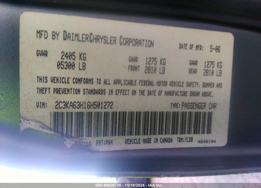 2006 CHRYSLER 300 C VIN: 2C3KA63H16H501272