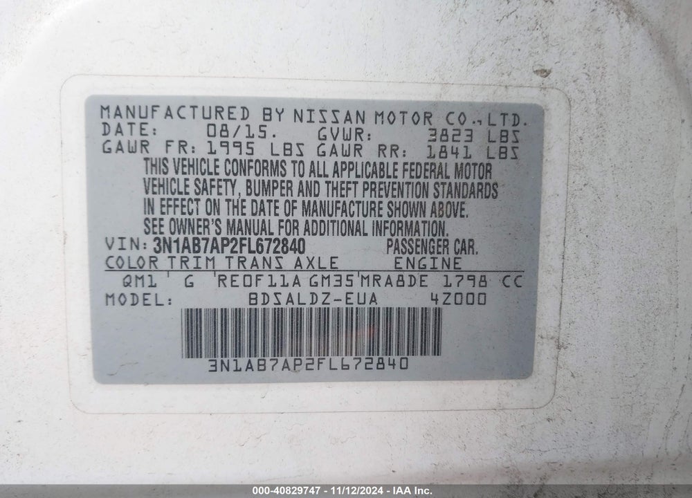 2015 NISSAN SENTRA SV VIN: 3N1AB7AP2FL672840