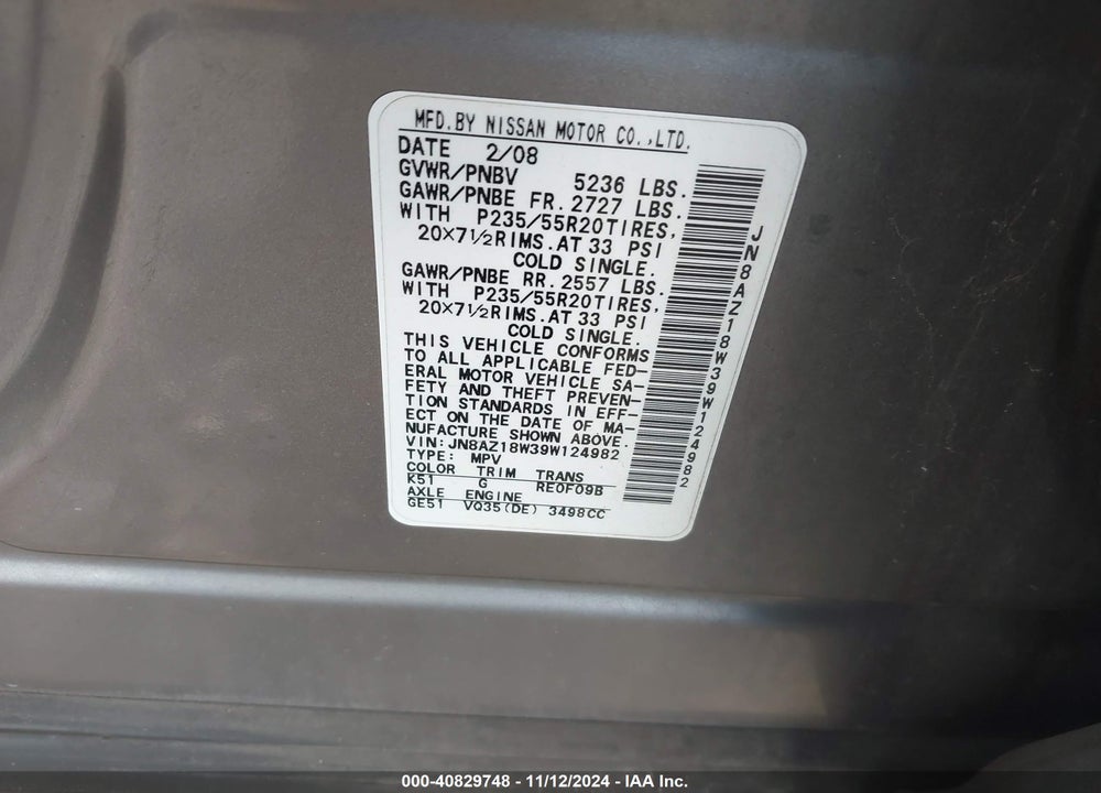 2009 NISSAN MURANO VIN: JN8AZ18W39W124982