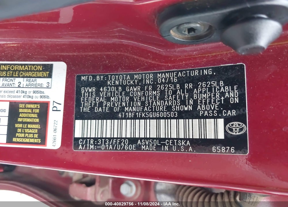 2016 TOYOTA CAMRY SE VIN: 4T1BF1FK5GU600503