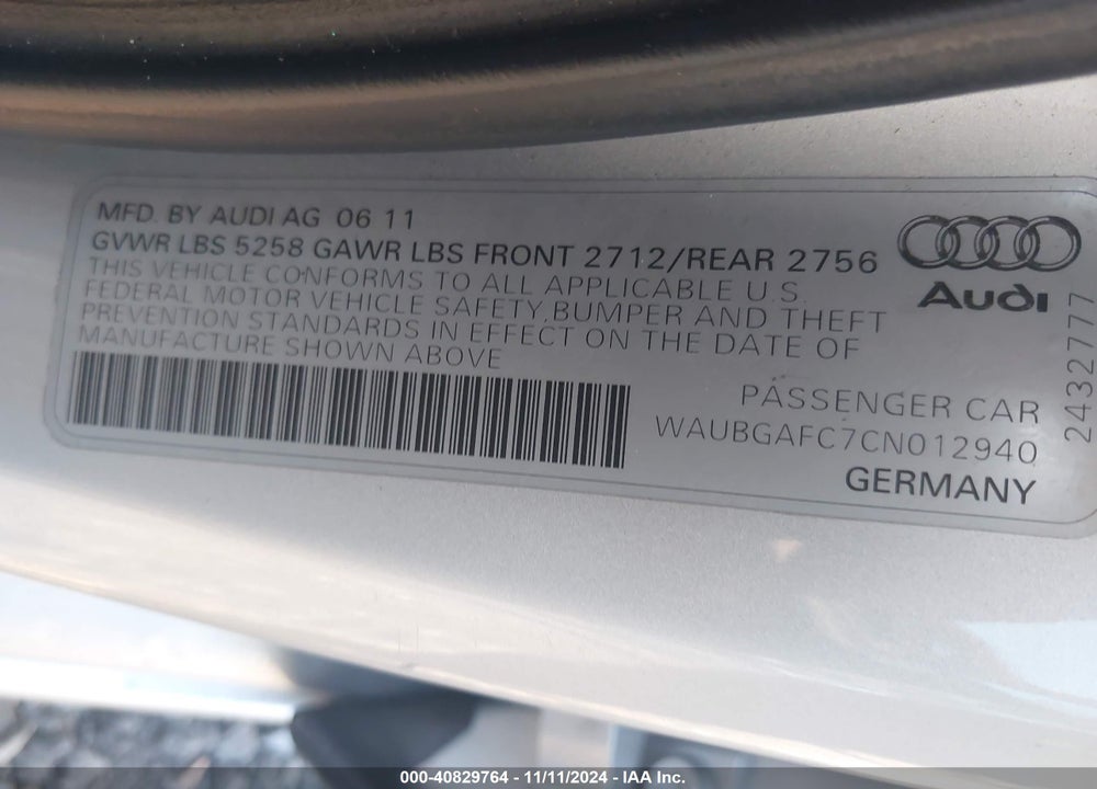 2012 AUDI A6 3.0 PREMIUM VIN: WAUBGAFC7CN012940