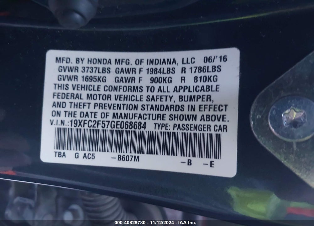 2016 HONDA CIVIC LX VIN: 19XFC2F57GE068684