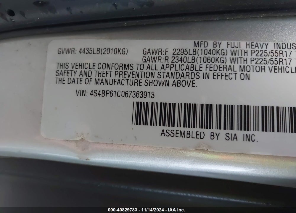 2006 SUBARU OUTBACK 2.5I VIN: 4S4BP61C067363913