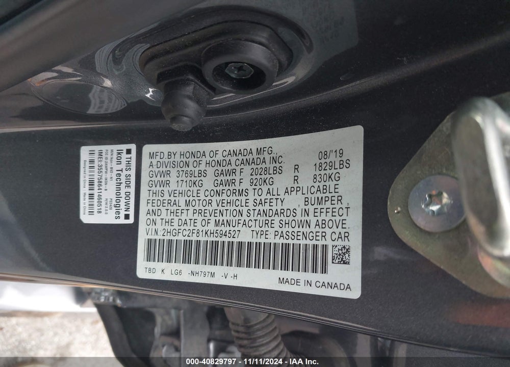 2019 HONDA CIVIC SPORT VIN: 2HGFC2F81KH594527
