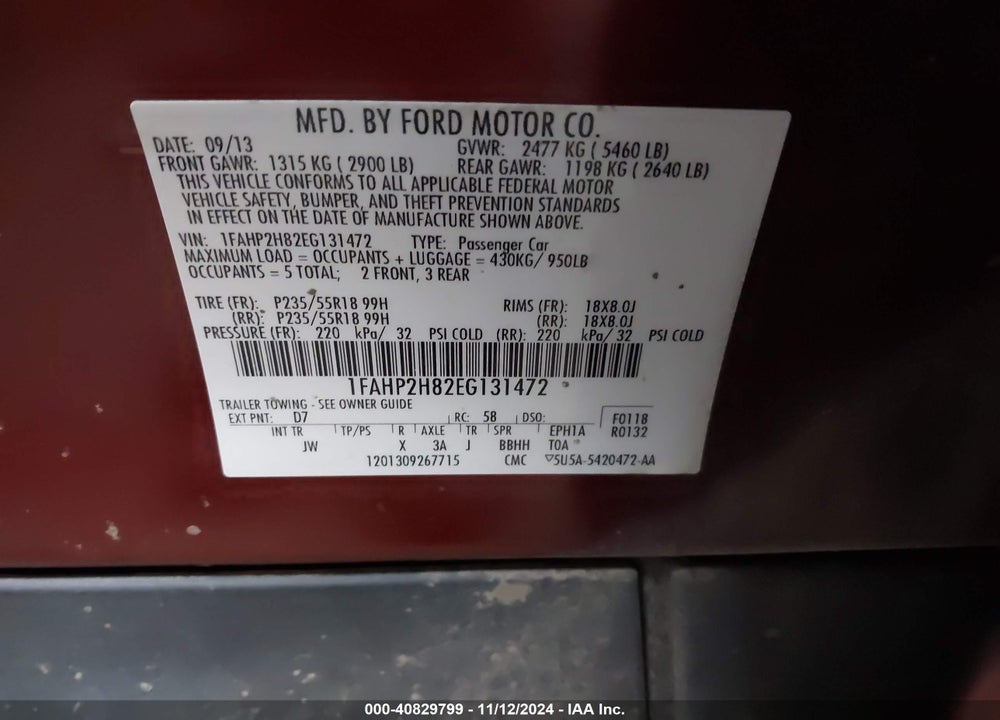 2014 FORD TAURUS SEL VIN: 1FAHP2H82EG131472