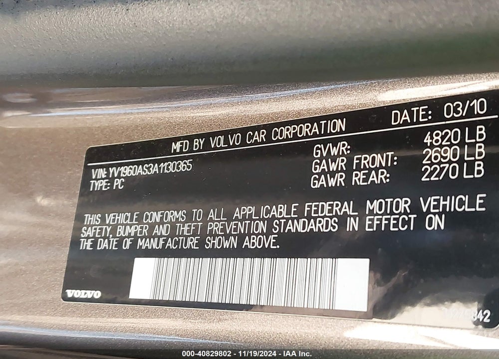 2010 VOLVO S80 3.2 VIN: YV1960AS3A1130365