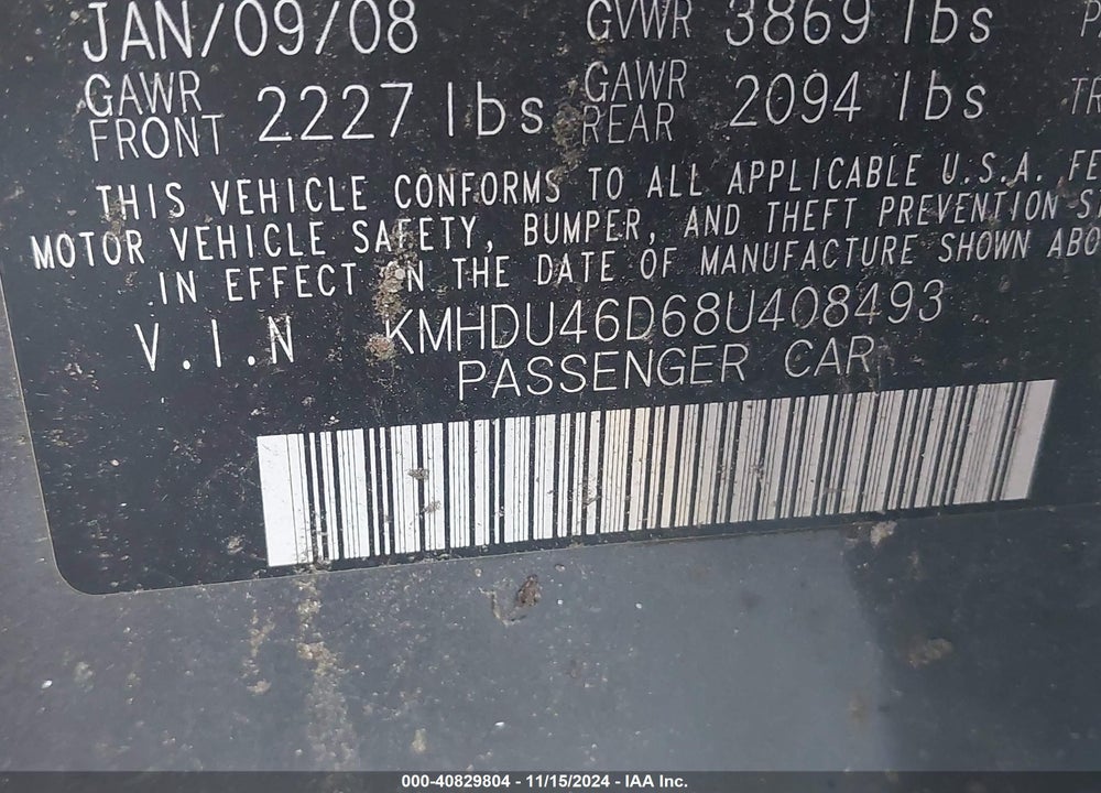 2008 HYUNDAI ELANTRA GLS/SE VIN: KMHDU46D68U408493
