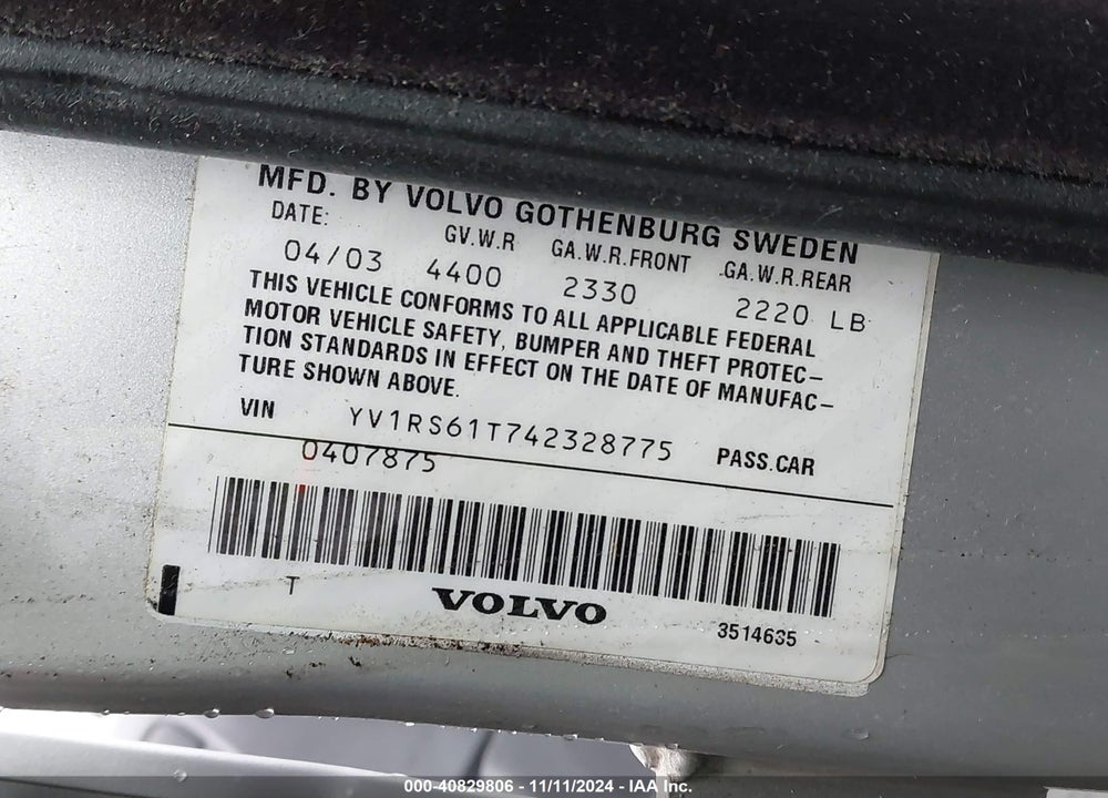 2004 VOLVO S60 2.4 VIN: YV1RS61T742328775