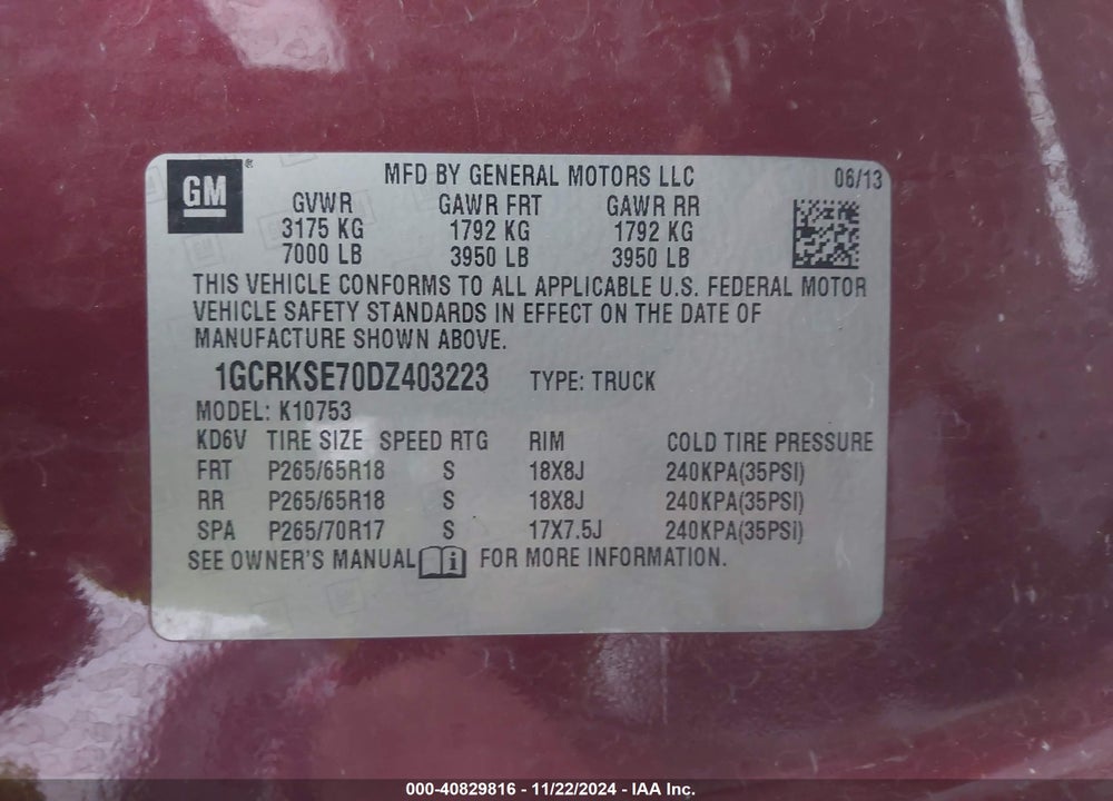 2013 CHEVROLET SILVERADO 1500 LT VIN: 1GCRKSE70DZ403223