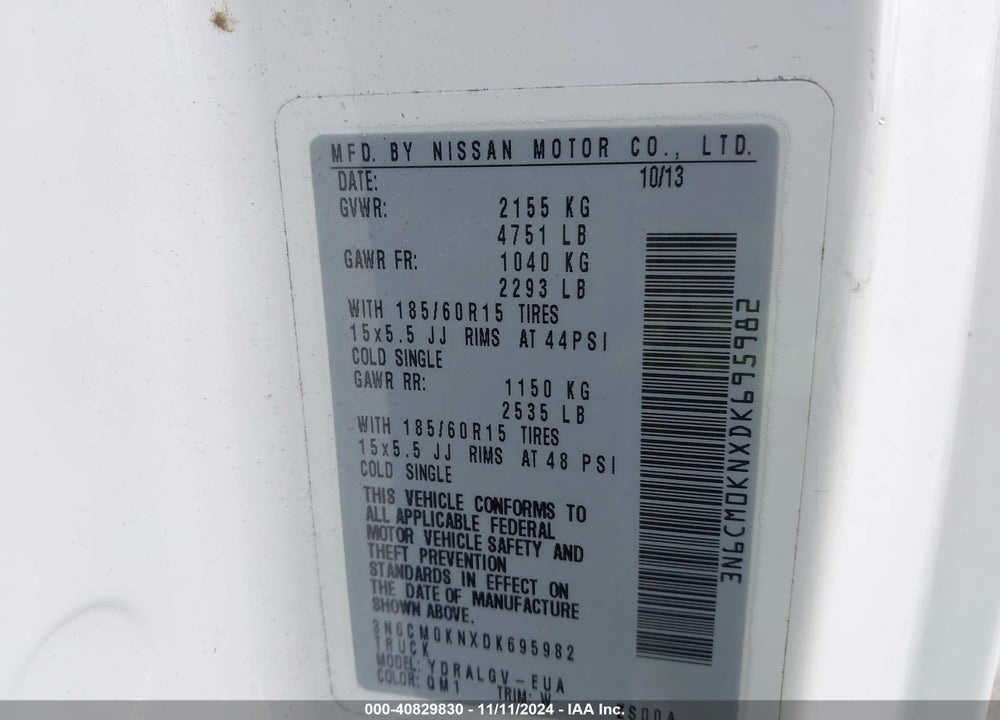 2013 NISSAN NV200 SV VIN: 3N6CM0KNXDK695982