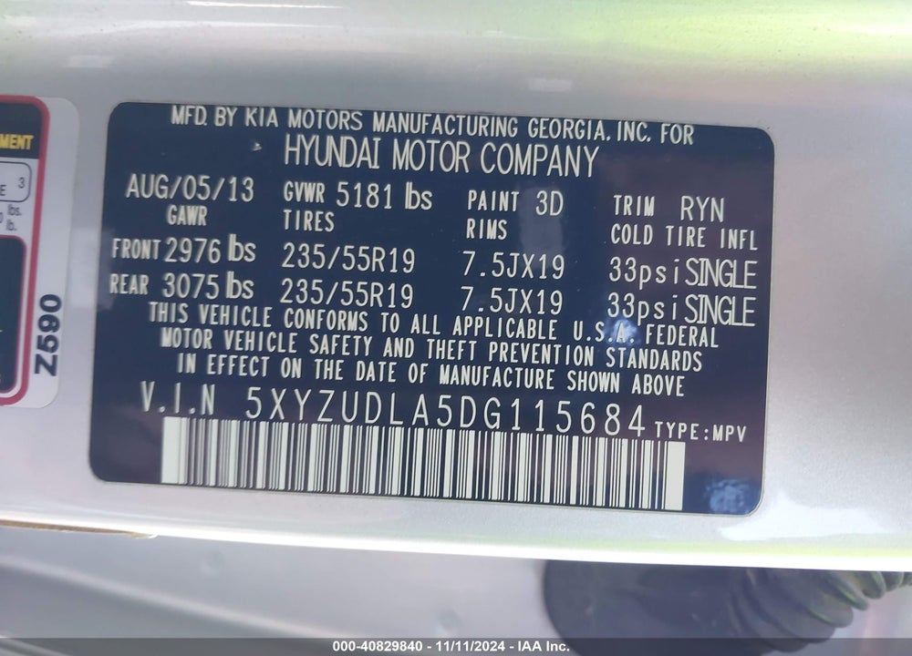 2013 HYUNDAI SANTA FE SPORT 2.0T VIN: 5XYZUDLA5DG115684