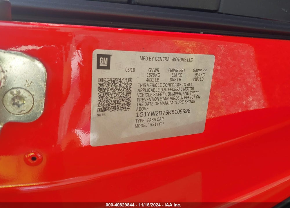 2019 CHEVROLET CORVETTE GRAND SPORT VIN: 1G1YW2D75K5105698