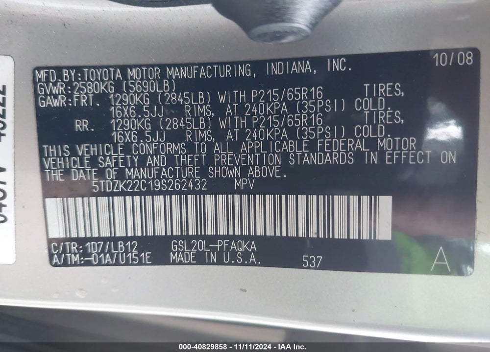 2009 TOYOTA SIENNA XLE VIN: 5TDZK22C19S262432