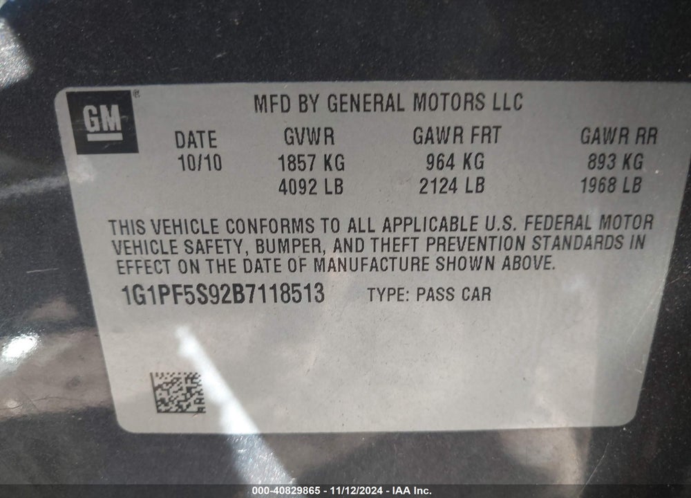 2011 CHEVROLET CRUZE 1LT VIN: 1G1PF5S92B7118513