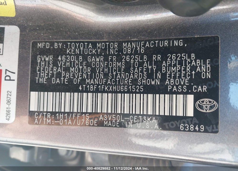2017 TOYOTA CAMRY SE VIN: 4T1BF1FKXHU661525