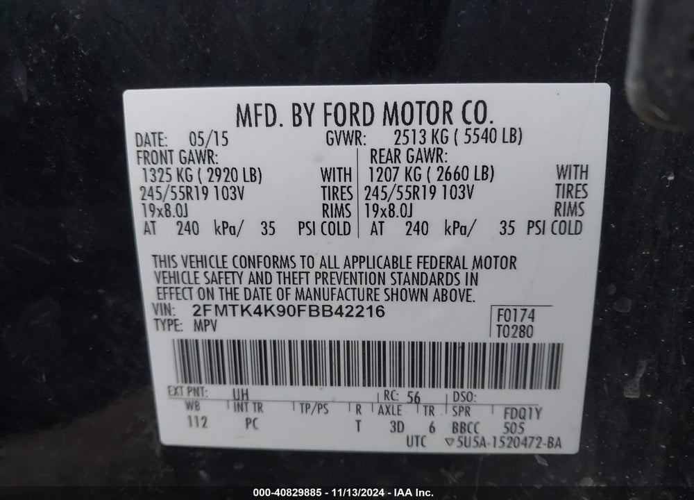 2015 FORD EDGE TITANIUM VIN: 2FMTK4K90FBB42216