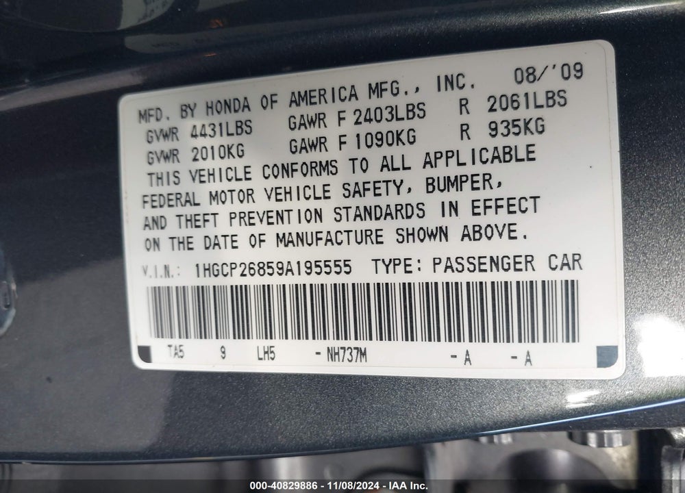 2009 HONDA ACCORD 2.4 EX-L VIN: 1HGCP26859A195555