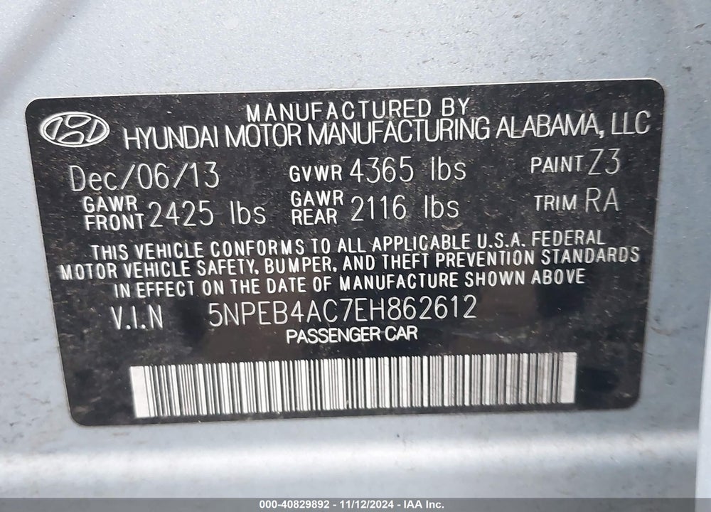 2014 HYUNDAI SONATA GLS VIN: 5NPEB4AC7EH862612