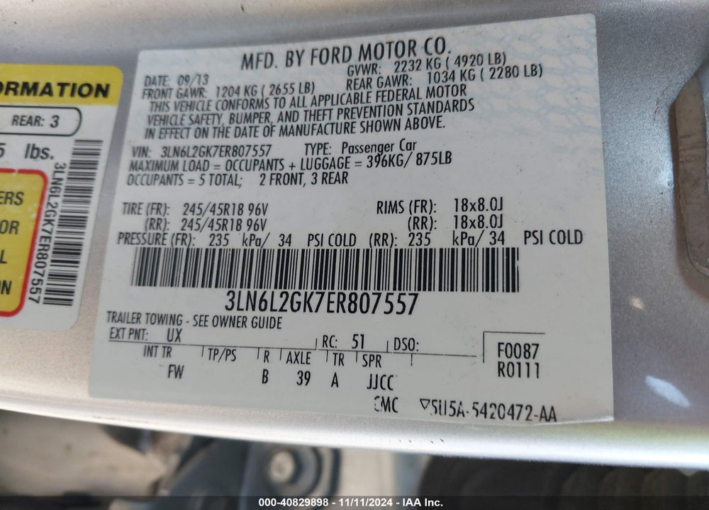 2014 LINCOLN MKZ VIN: 3LN6L2GK7ER807557