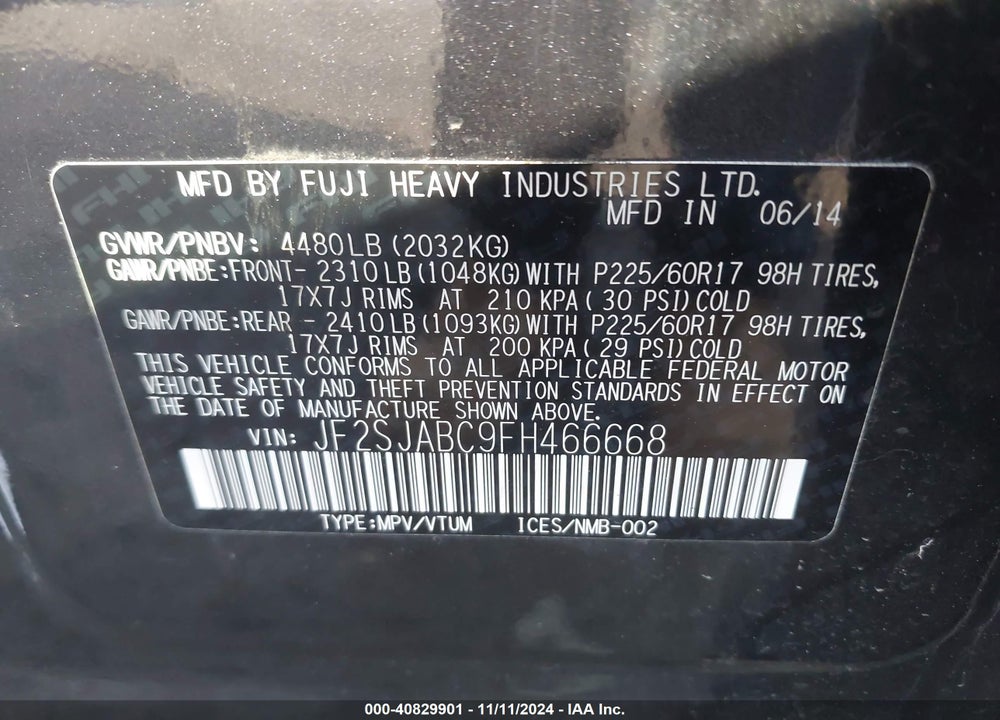 2015 SUBARU FORESTER 2.5I VIN: JF2SJABC9FH466668