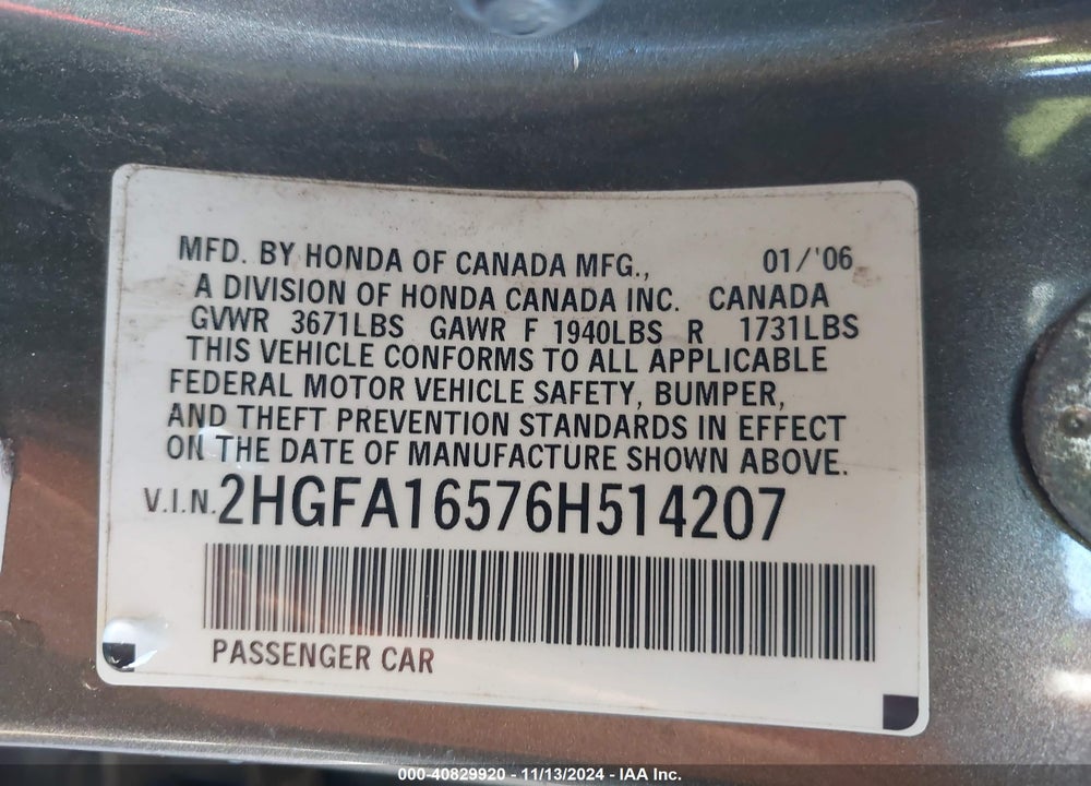 2006 HONDA CIVIC VIN: 2HGFA16576H514207