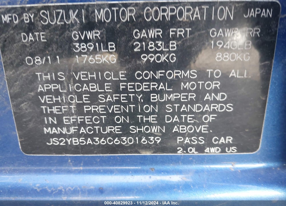 2012 SUZUKI SX4 PREMIUM/TECH VALU PKG (NAV) VIN: JS2YB5A36C6301639