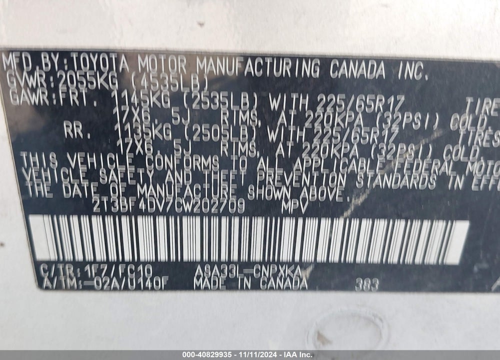 2012 TOYOTA RAV4 VIN: 2T3BF4DV7CW202709